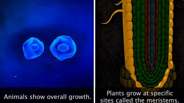 Scientific comparison of growth in plants and animals, showing cell division, development, and maturation.