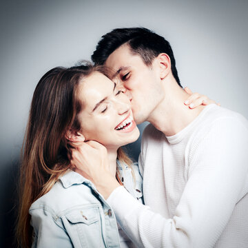 Love. Young couple hugs, have fun and vibing together , polaroid film style. Togetherness, family, relationship