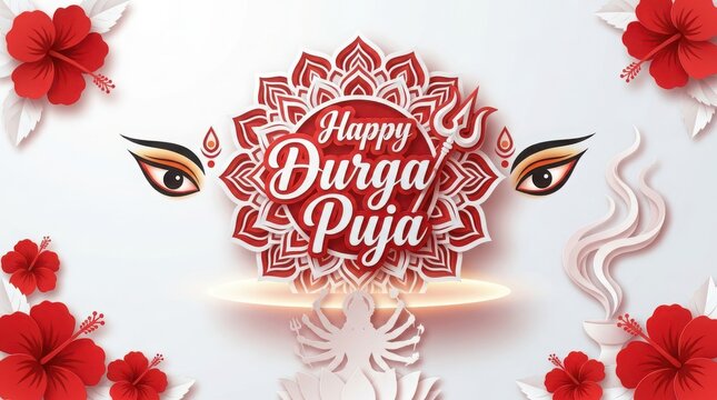 Paper art durga puja festival banner with red hibiscus flowers and goddess silhouette against clean white background decor.