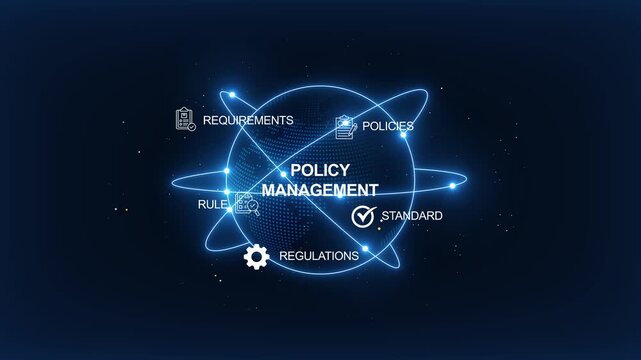 Policy management digital concept with global network and compliance abstract technology background, for business governance
