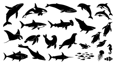 Fototapeta premium Set of marine animal silhouettes featuring whales sharks dolphins sea turtles and fish isolated on white background for creative design projects and educational wildlife illustrations in vector format