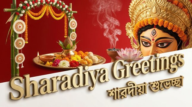 Sharadiya greetings card with gold goddess durga idol traditional bamboo floral arch and sweets offering on red background.