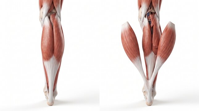 Detailed Anatomical Illustration Showcasing Human Lower Leg Calf Muscles and Tendon Structure in Front and Side View Perspectives