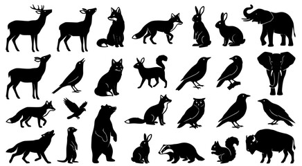 Obraz premium Set of diverse wild animal silhouettes featuring various species isolated on white background vector