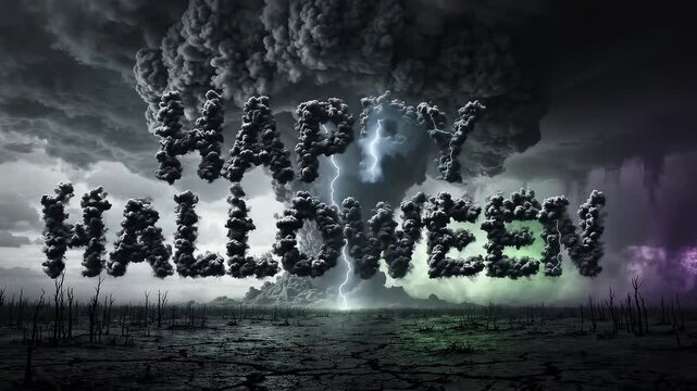 Dramatic 'Happy Halloween' text in smoky, dark letters against a stormy sky with lightning and a mushroom cloud, creating a spooky and apocalyptic scene.
