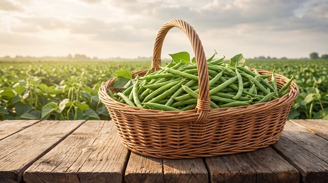 Fresh green beans in wicker basket on wooden table, organic vegetable harvest in farm field, raw string beans at sunset for healthy cooking