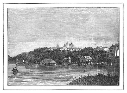Valaam Monastery, a Russian Orthodox monastery on Lake Ladoga founded in the 14th century, old vintage illustration, 1894