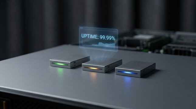 Three sleek server storage drives with glowing status lights and a digital uptime hologram