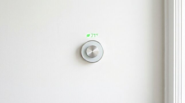 Smart thermostat displaying 71 degrees with an energysaving leaf icon