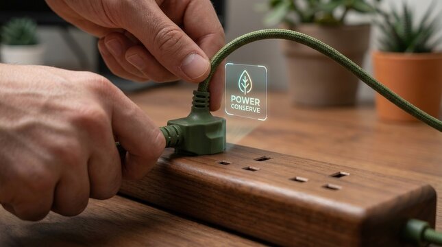 Person plugging a green power cord into a wooden power strip with a digital icon