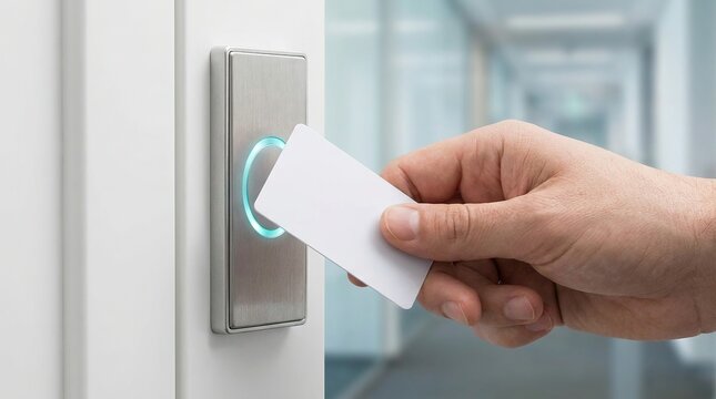 Closeup of a person using a key card to access a secure door