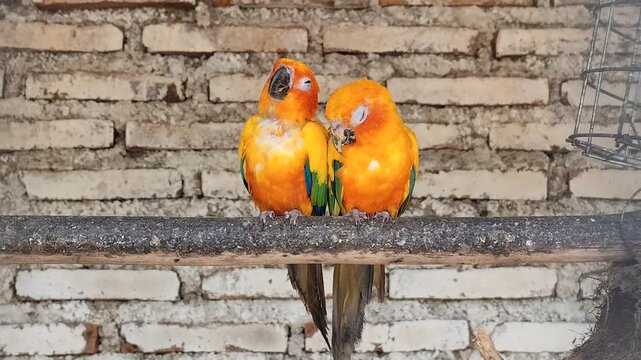 A pair of Sun Conures (Aratinga solstitialis) in a cage against a brick wall background. The Sun Conure is a loyal bird species, as it lives monogamously and chooses a mate for life.