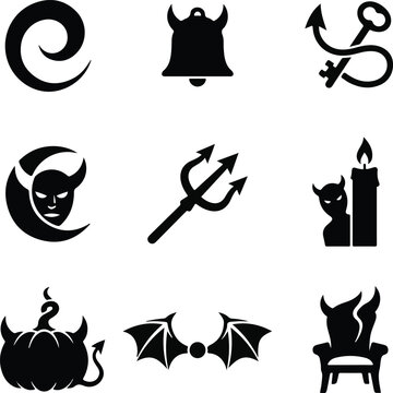 Black devil and halloween icon set featuring horns pitchfork and bat