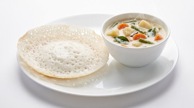 Traditional South Indian appam with curry on white plate