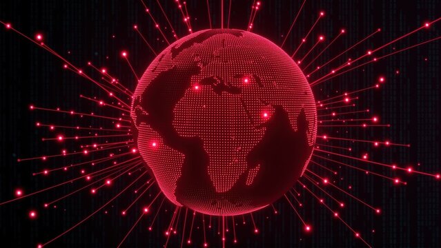 Red globe surrounded by digital lines, dots. Represents global network, data streams, connectivity, technology. Futuristic design.