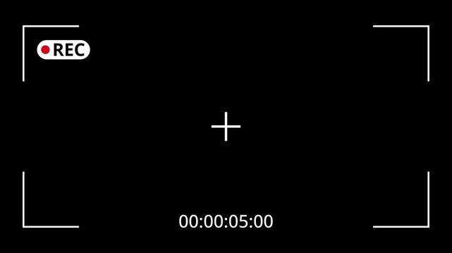 Camera viewfinder screen showing active recording status, center focus marker, framing guides and digital timecode overlay