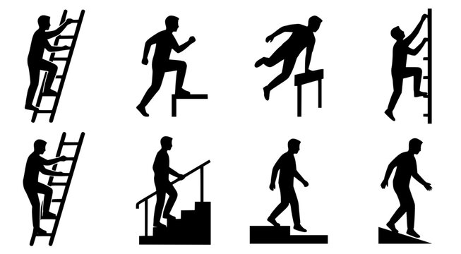 People climbing ladders stairs and overcoming obstacles silhouette set showing athletic and movement poses isolated on white background for success and growth motivation design projects
