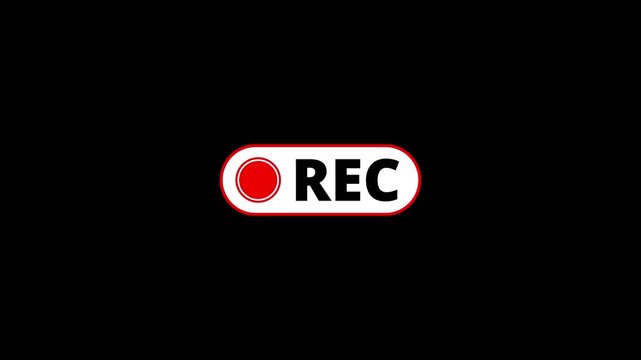 Red recording button with rec label animation for video production and broadcast overlay on black background