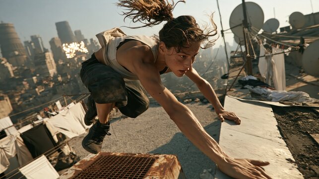 Determined female athlete climbs rooftop edge during challenging parkour movement