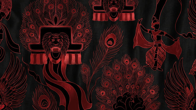 This is a "batik reog" from Indonesia. A background featuring Indonesian batik. Premium-quality Red and black batik. Suitable for use as wallpaper or in clothing designs.