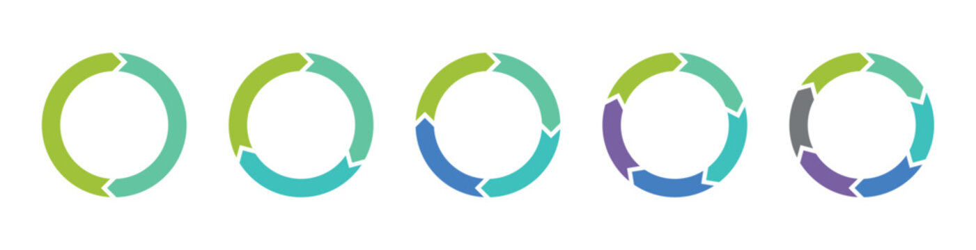 Rotation around cycle Pie chart set. Colorful circle arrow. Infographic element round shape. A set of 2 to 6 circular arrow icons in different colors. Vector illustration.