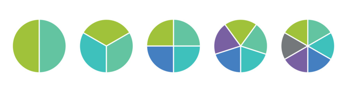 Colorful circle pie chart set. 2 to 6 sections or steps. Set of pie charts diagrams. Business infographic vector set. Vector illustration.