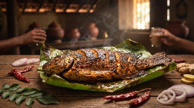 Spiced whole grilled fish served with fresh herbs and sides