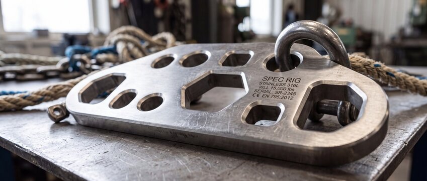 Industrial stainless steel rigging plate with mounting shackle featuring heavy metal texture for professional lifting and safety operations