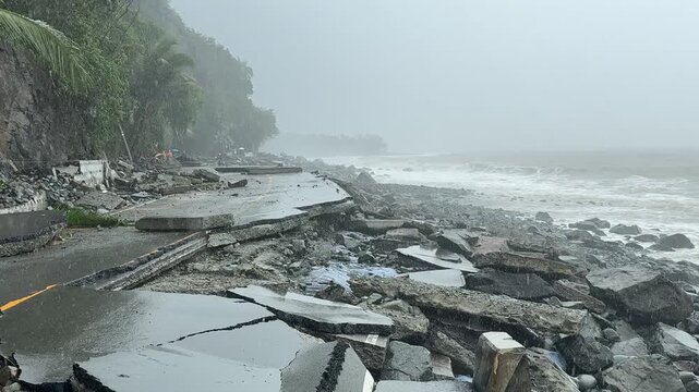 Severe Hurricane Storm Surge Damage Along Coastal Highway