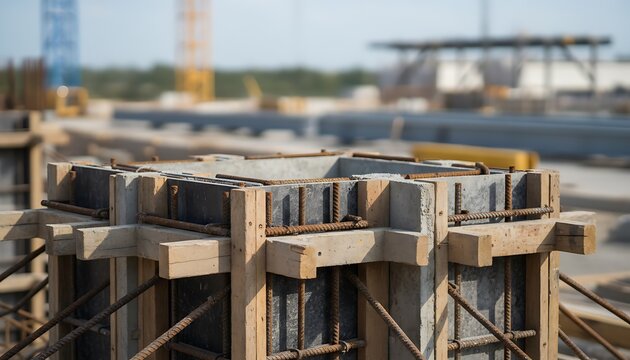 Concrete foundation formwork with rebar and timber supports at active building site
