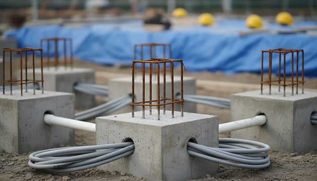Concrete foundation blocks with rebar and gray electrical cables on a construction site