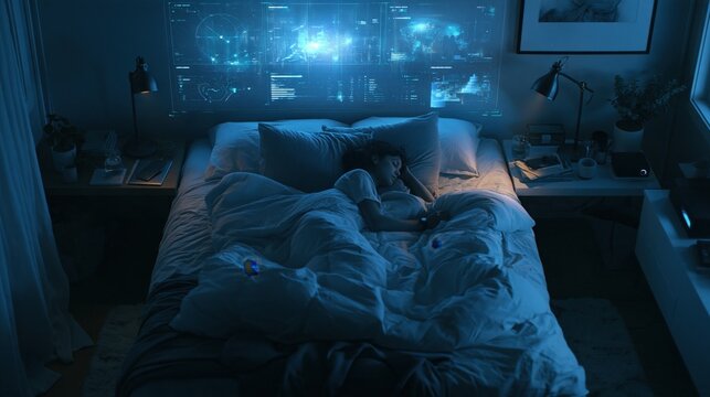 Overhead view of adult sleeping beneath a blue biometric dashboard in bedroom