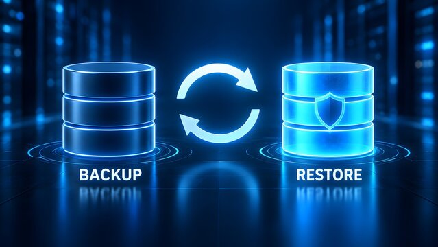 Digital database backup and restore concept with glowing holographic storage servers