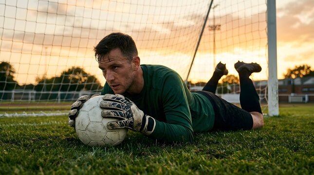 Soccer Goalkeeper Diving to Save Ball on Grass Field