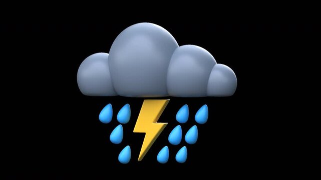 A 3D animated stormy weather cloud with falling raindrops and a lightning bolt. This seamless loop includes an alpha channel for a transparent background.