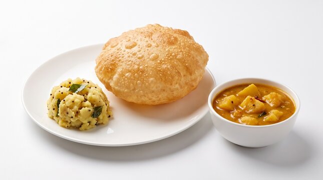 Crispy puri served with potato curry and chutney