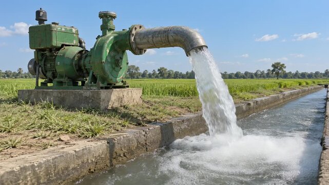 農業用ポンプから大量の水が用水路へ流れ込む灌漑設備の動画