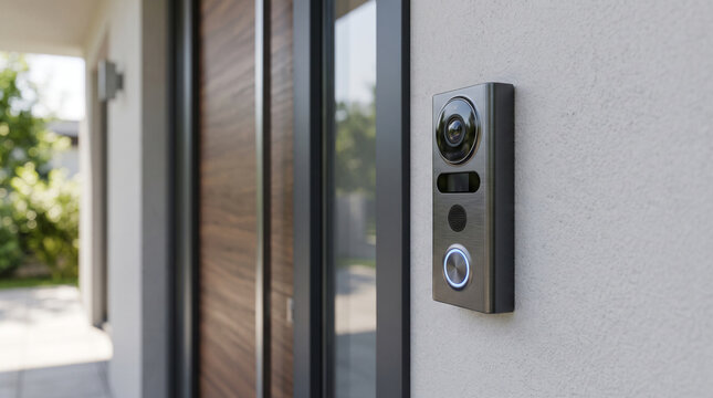 Sleek video doorbell with a built-in camera and glowing blue button mounted on a modern residential wall for enhanced home security.