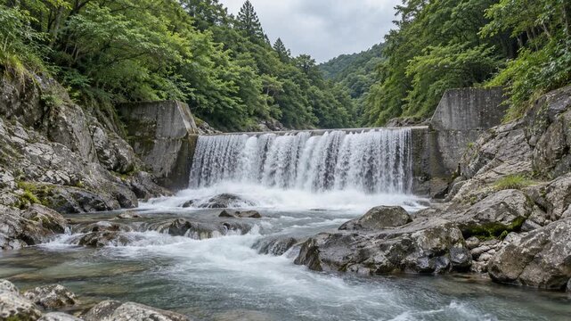 緑豊かな山間の渓流にあるコンクリート砂防堰堤を流れ落ちる水の動画