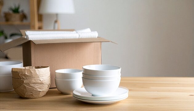 引っ越しに向けて食器を梱包する準備の風景