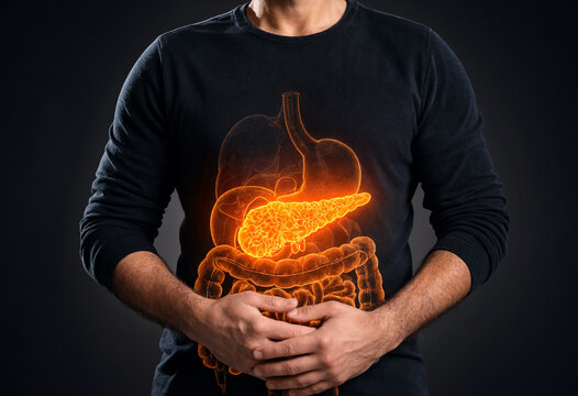 Person holding stomach area with digestive system organs glowing brightly