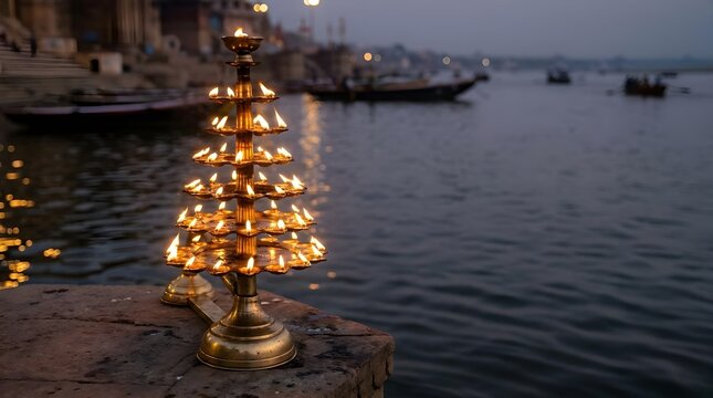 Ganges Aarti Brass Lamp Arrangement On Riverbank