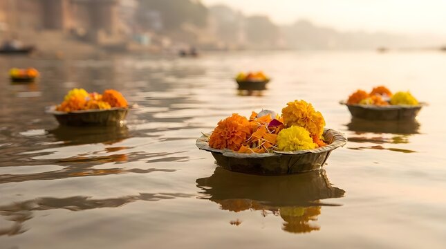 Ganges River Marigold Flower Offerings Floating