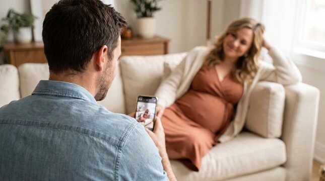 Happy pregnant woman relaxing on a sofa while her husband takes a photo with a smartphone.
