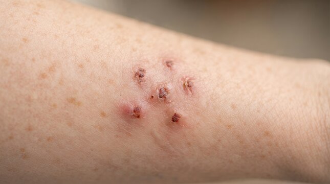 Infected insect bite on human skin, red inflamed puncture wounds with swelling, painful skin rash and dermatitis reaction for medical education
