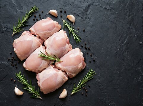 Raw chicken thighs with fresh rosemary and garlic on a dark stone background. boneless chicken thigh
