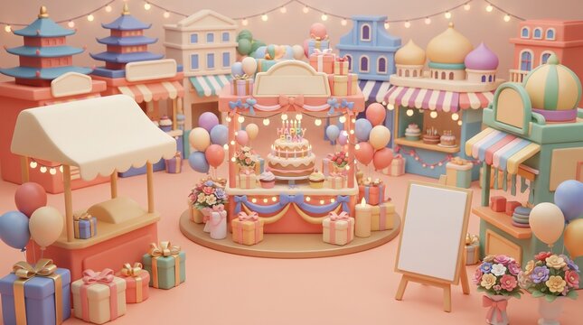Pastel Carnival Birthday Celebration Fairground with Festive Decorations and Confectionery Stalls