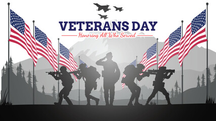Obraz premium Veteran's day silhouette vector illustration with american flag and soldiers. 
