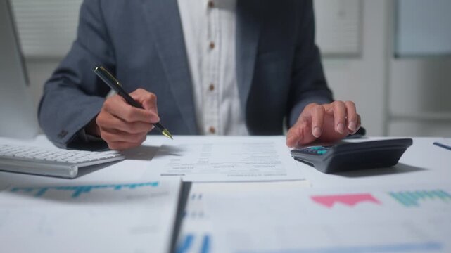 Businessman analyzing financial data and signing documents on an office desk using a calculator to verify business accounts