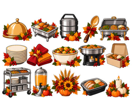 Thanksgiving catering vector set featuring serving dishes, food warmers, plates, containers, utensils and autumn decor